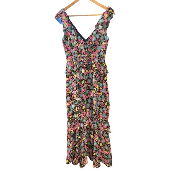 Amur Evita Multicolor Floral Silk Chiffon Ruffle Maxi Dress Size 4 Designer READ - Picture 4 of 10